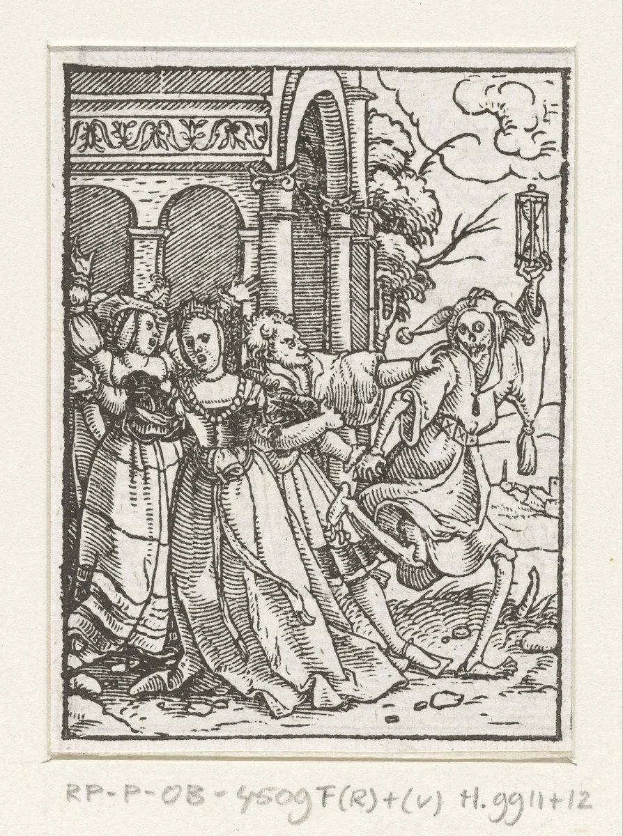 Koningin en de Dood als nar by Hans Holbein, print, 1524-1526