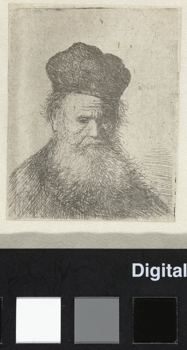 Bust of an old man with a fur cap and flowing beard, nearly full face by anonymous, print, 1631