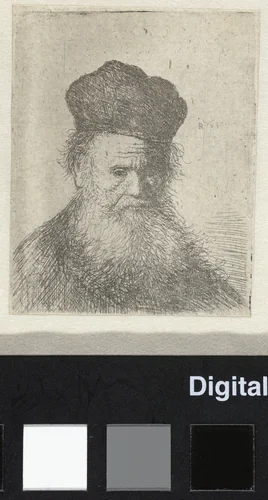 Bust of an old man with a fur cap and flowing beard, nearly full face by anonymous, print, 1631