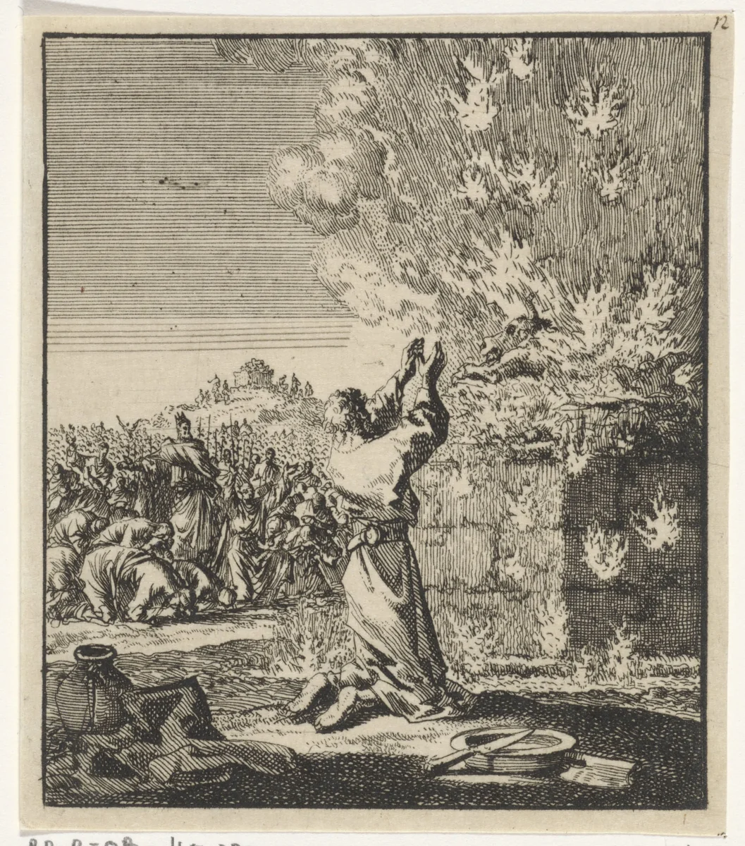 Elia knielt voor het brandende offer by Jan Luyken, print, 1706