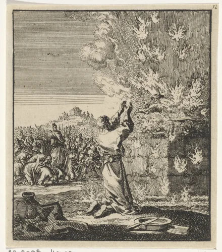 Elia knielt voor het brandende offer by Jan Luyken, print, 1706