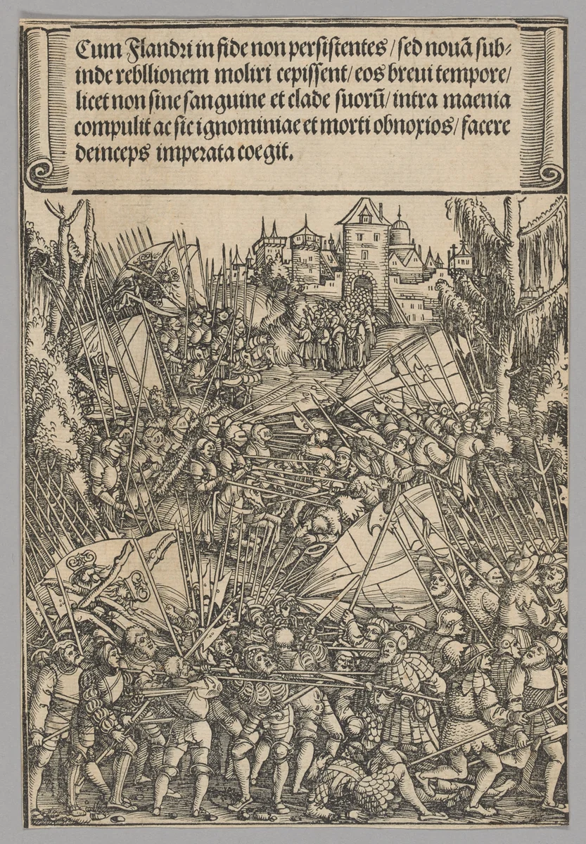 Second Flemish Rebellion, plate 10 from Historical Scenes from the Life of Emperor Maximilian I from the Triumphal Arch by Hans Springinklee, print, 1515-1517