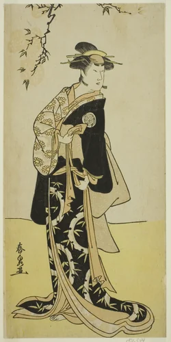 The Actor Yamashita Mangiku I as Lady Yuya (Yuya Gozen) (?) in the Play Heike Hyobanki (?), Performed at the Nakamura Theater (?) in the Seventh Month, 1789 (?) by Katsukawa Shunsen, print, 1784-1794