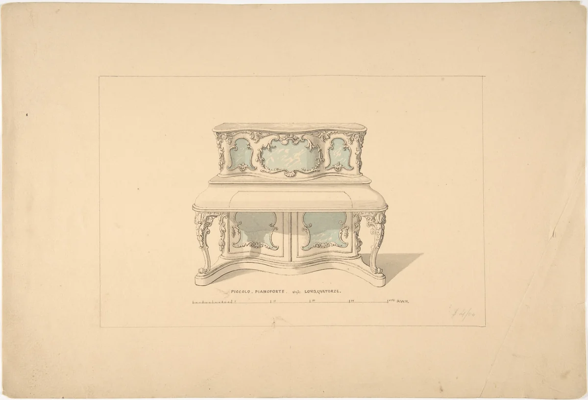 Design for Piccolo Pianoforte, Louis Quatorze Style by Robert William Hume, drawing, 1835-1900