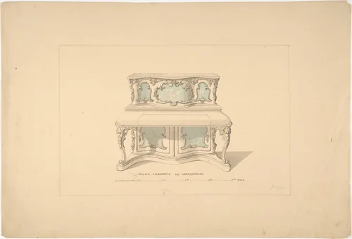 Design for Piccolo Pianoforte, Louis Quatorze Style by Robert William Hume, drawing, 1835-1900