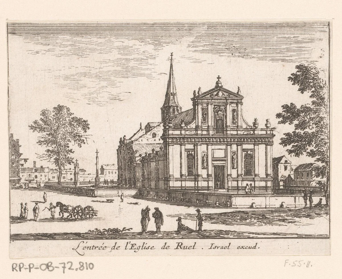 Gezicht op de ingang van de kerk van Rueil by Israël Silvestre, print, 1631-1661