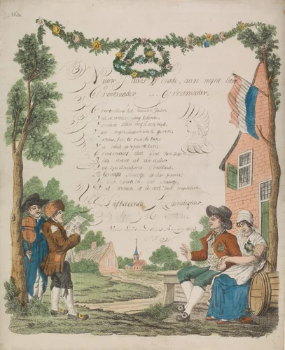 Wensbrief met muzikanten en een bruidspaar by anonymous, print, 1829