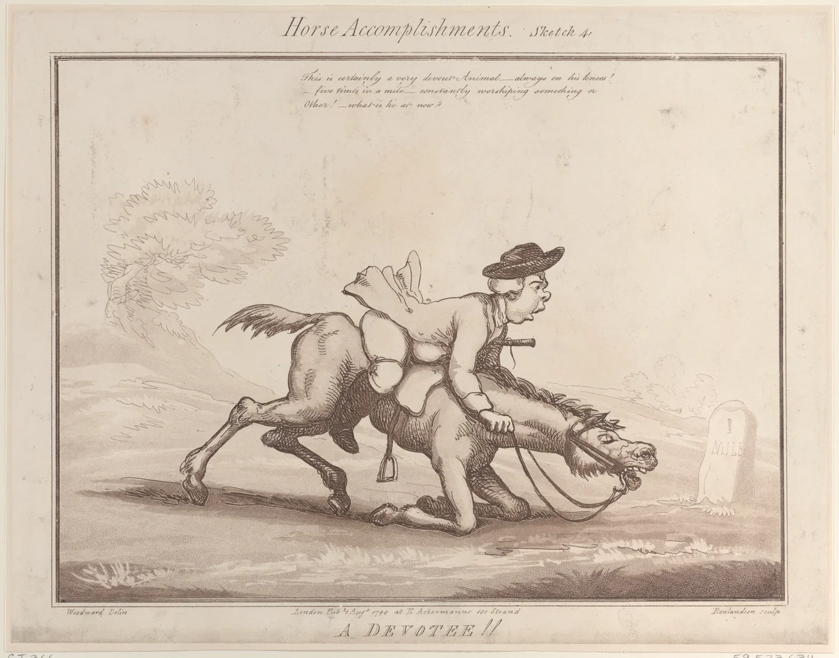 Horse Accomplishments, Sketch 4: A Devotee !! by Thomas Rowlandson, print, 1799