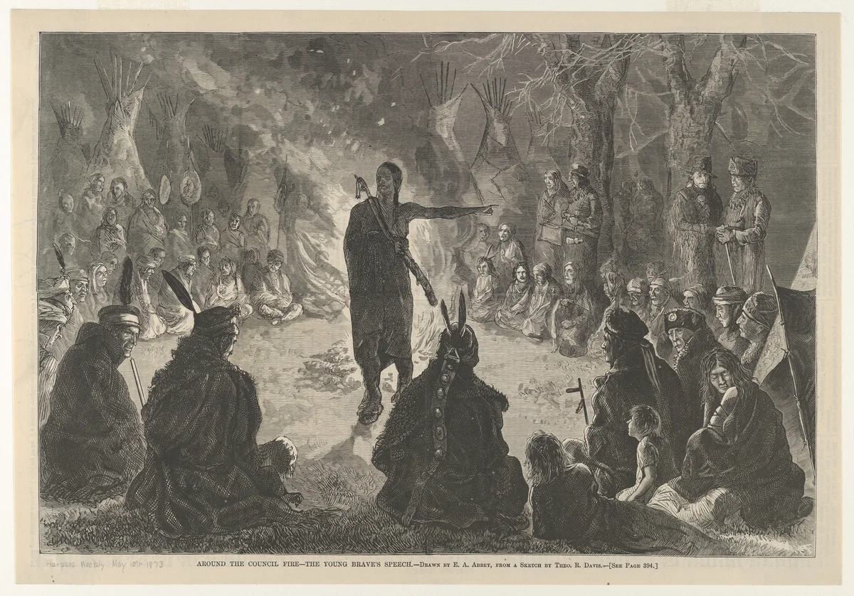 Around the Council Fire, The Young Brave's Speech, from "Harper's Weekly" by Edwin Austin Abbey, print, 1873