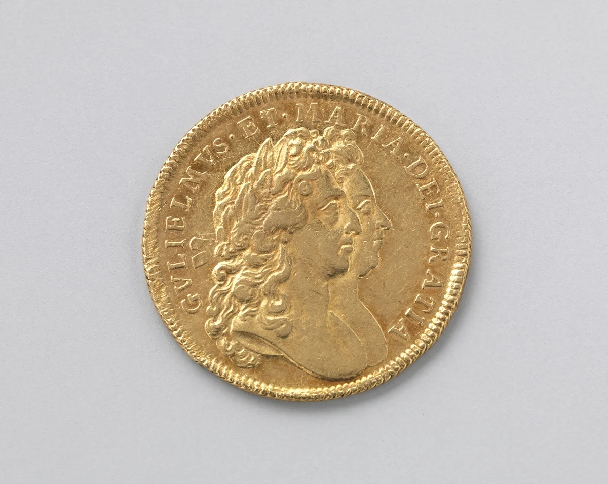 Two guineas coin of William and Mary by Norbert Roettier, metalwork, 1694
