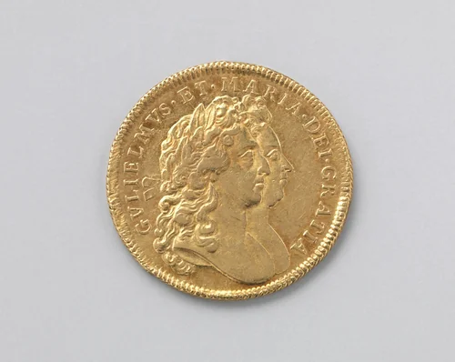 Two guineas coin of William and Mary by Norbert Roettier, metalwork, 1694