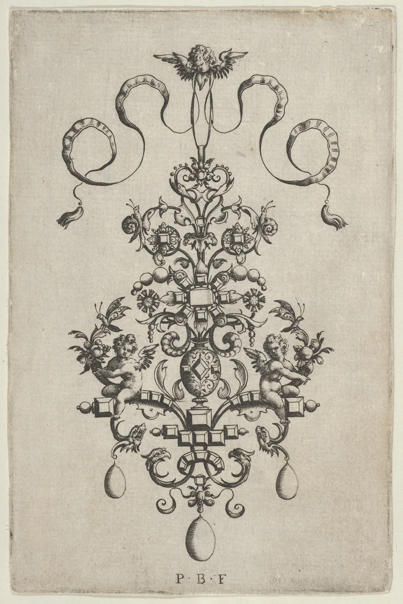 Vertical Panel with Design for a Pendant, from Ars His Myronis Nobilis Effingitus Pagellulis by Paul Birckenhultz, print, 1595-1605