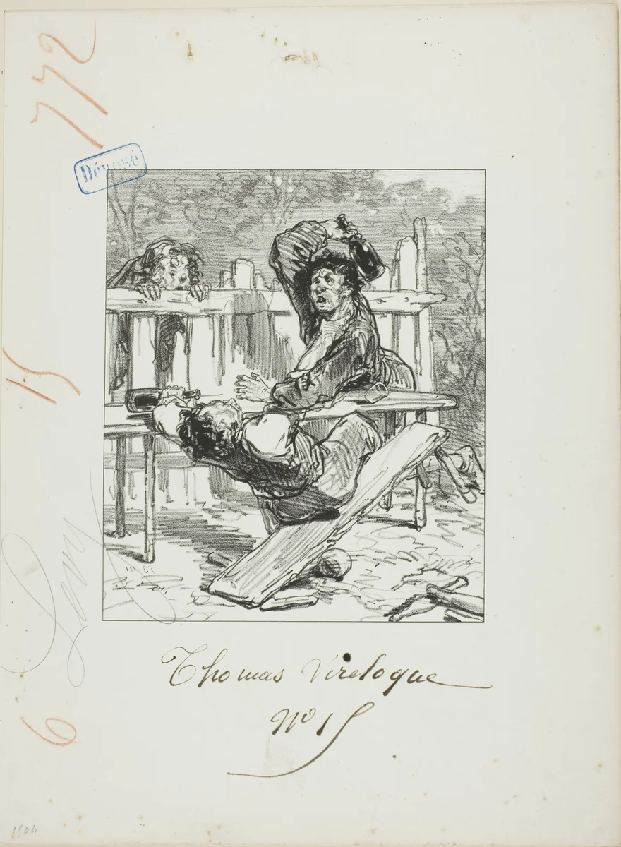 Les Propos de Thomas Vireloque: Brains cracked-but bottles by Paul Gavarni, print, 1853