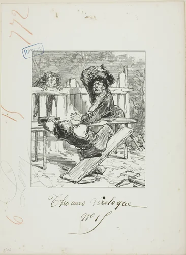 Les Propos de Thomas Vireloque: Brains cracked-but bottles by Paul Gavarni, print, 1853