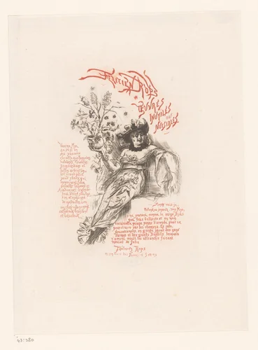 Vrouw leunt achterover met een schedel in haar hand by François Courboin, print, 1887