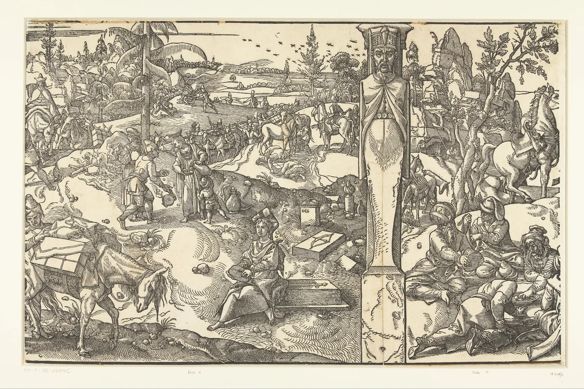 Karavaan van reizigers en vier rustende mannen by Pieter Coecke van Aelst, print, 1553