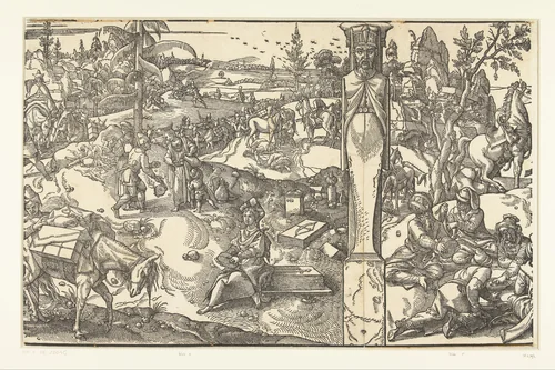 Karavaan van reizigers en vier rustende mannen by Pieter Coecke van Aelst, print, 1553