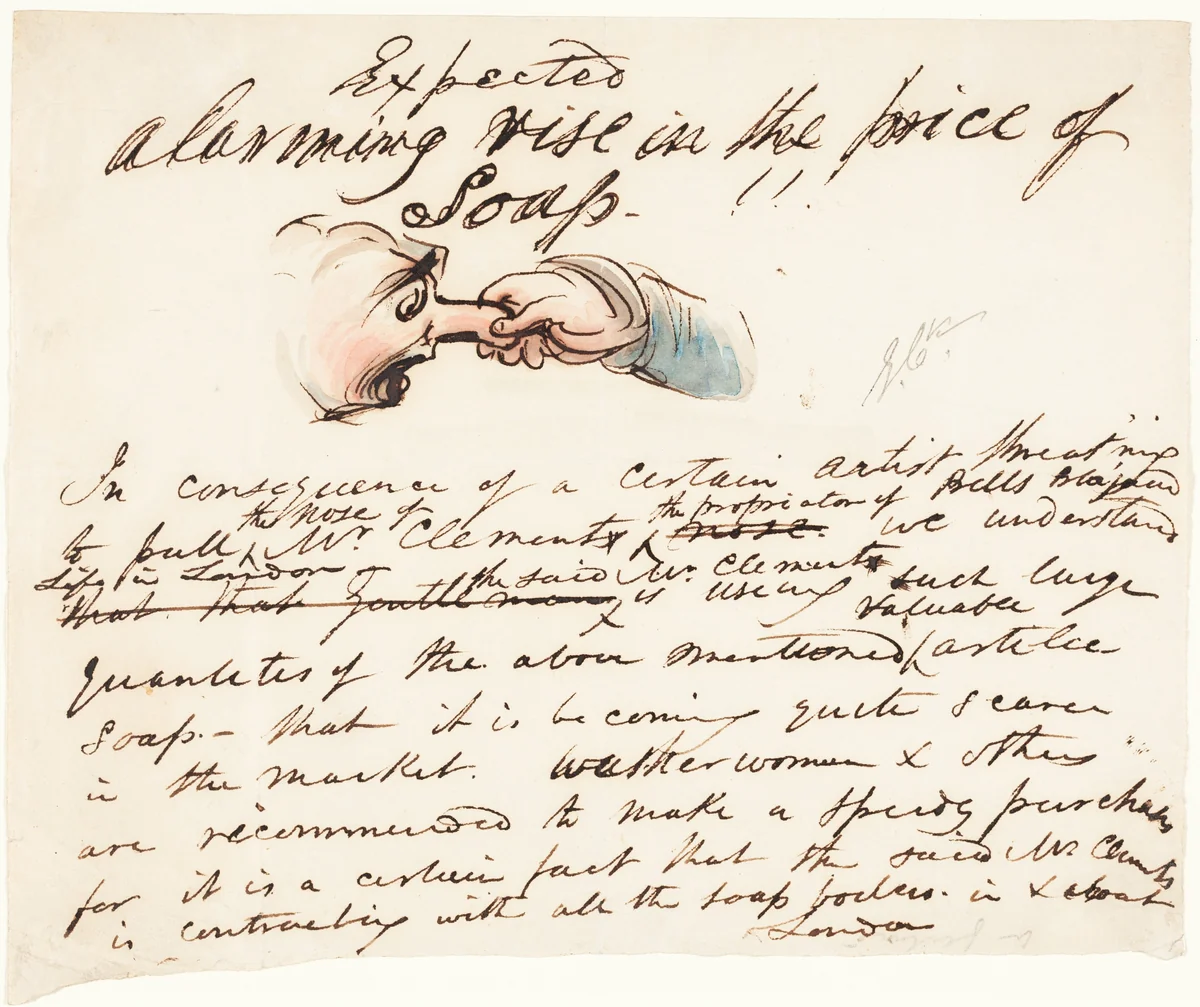"Expected--alarming rise in the price of soap!" by George Cruikshank, drawing, 1792-1878