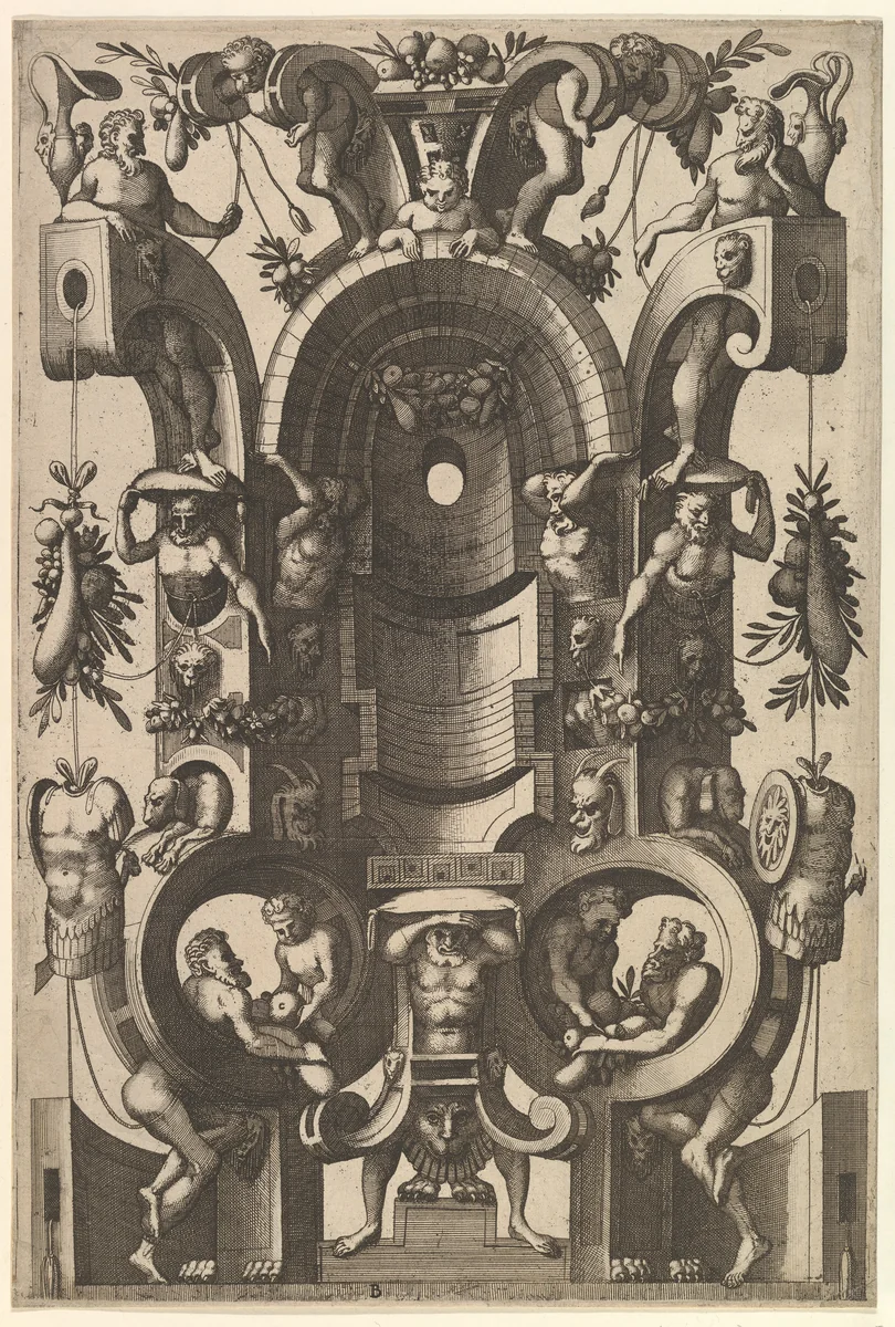 Niche in the Form of a Cartouche from Veelderleij Veranderinghe van grotissen ende Compertimenten...Libro Primo by Johannes van Doetecum, book, 1556