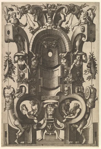 Niche in the Form of a Cartouche from Veelderleij Veranderinghe van grotissen ende Compertimenten...Libro Primo by Johannes van Doetecum, book, 1556