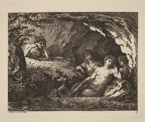 Three Sleeping Sprites with a Satyr by Salomon Gessner, print, 1769