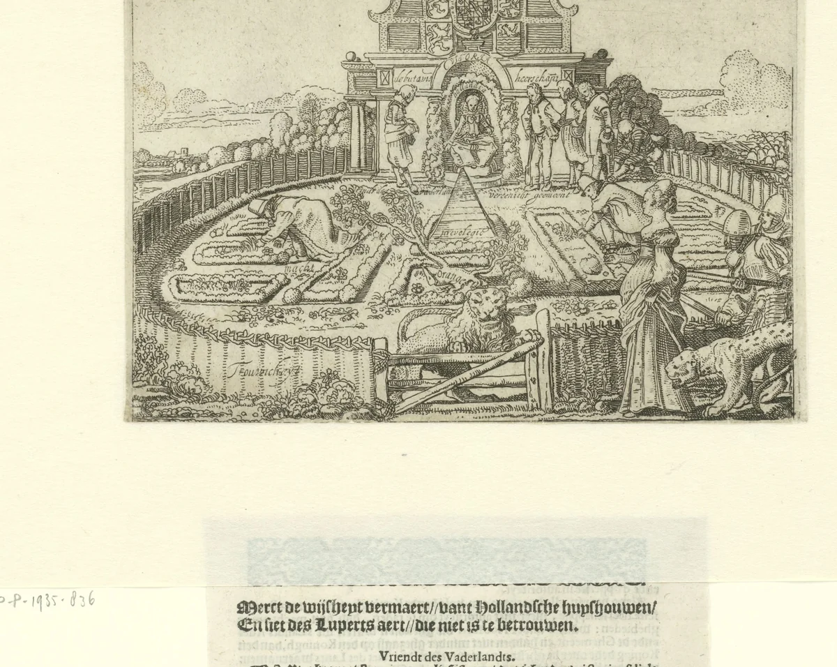 Allegorie op de onbetrouwbaarheid van Spanje en de vrijheid en welstand van de Zeven Provinciën: de Hollandse Tuin by Willem Pietersz Buytewech, print, 1615