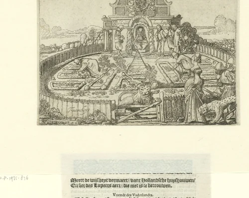 Allegorie op de onbetrouwbaarheid van Spanje en de vrijheid en welstand van de Zeven Provinciën: de Hollandse Tuin by Willem Pietersz Buytewech, print, 1615