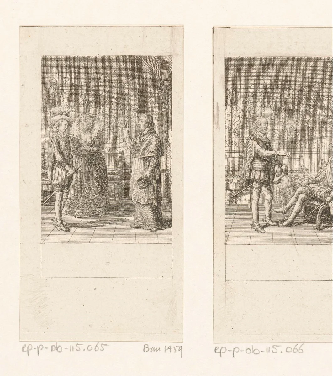 Catharina de' Medici en Karel van Lotharingen proberen Karel IX te overtuigen by Daniel Nikolaus Chodowiecki, print, 1790