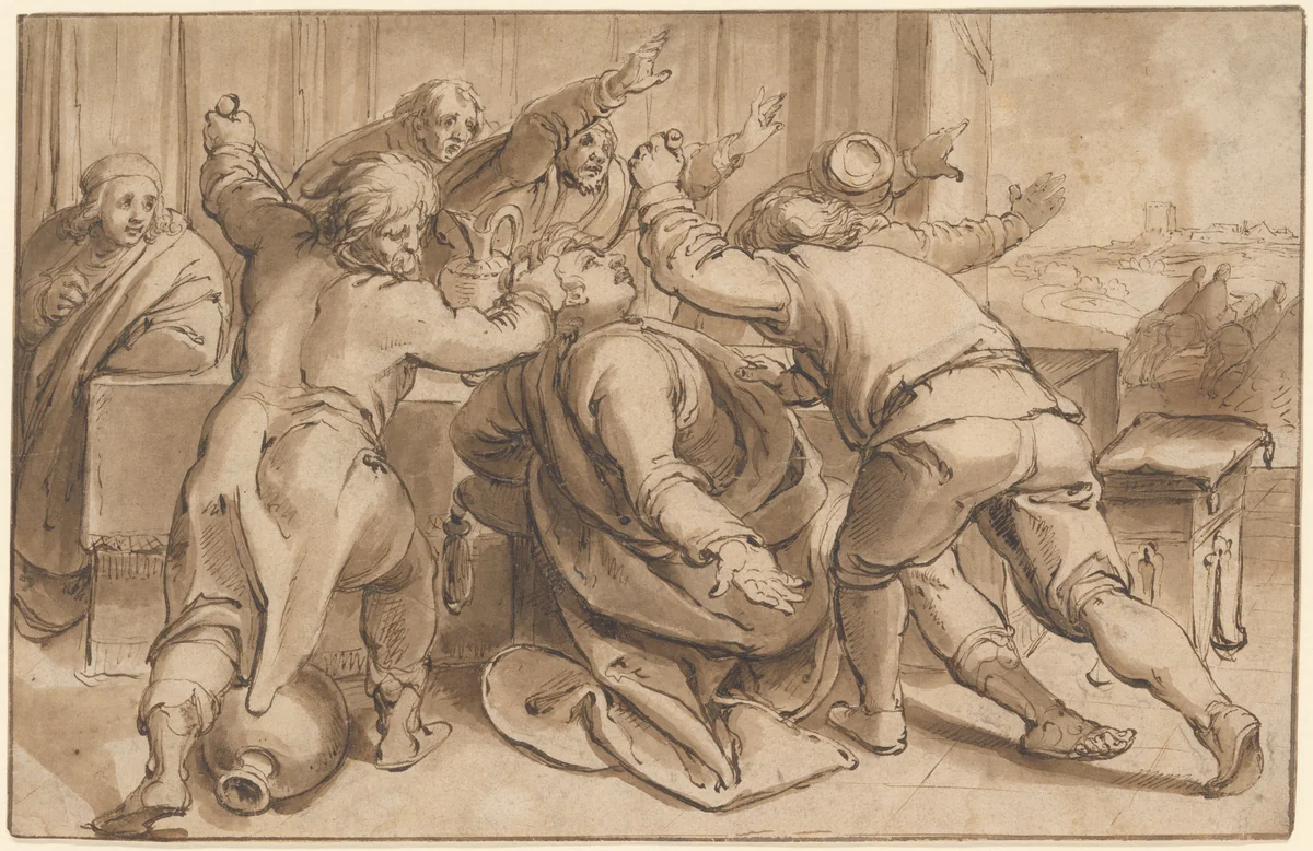 The Servants of Absalom killing Amnon (2 Samuel 13, 28-29); verso: Sketch of a seated woman by Karel van Mander, drawing, 1568-1606