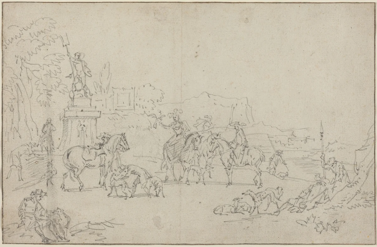 An Elegant Hunting Party Resting by a Fountain by Peeter Bout, drawing, 1685