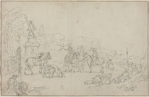 An Elegant Hunting Party Resting by a Fountain by Peeter Bout, drawing, 1685
