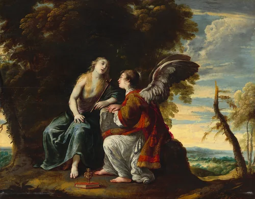 Mary Magdalene Comforted by an Angel by Claude Vignon, painting, 1626