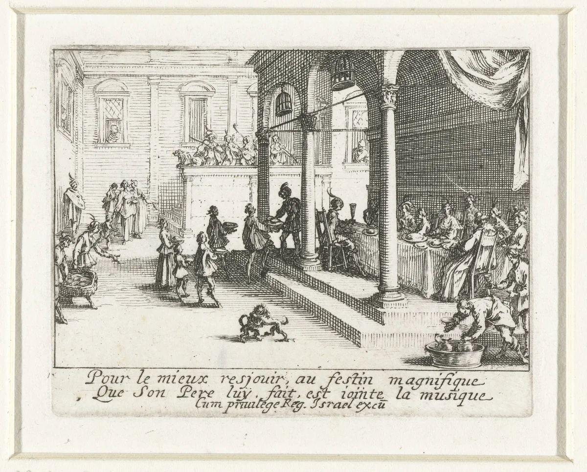 Het feestmaal voor de verloren zoon by Jacques Callot, print, 1635
