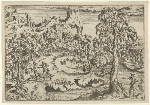 A Man Armed with a Saber Gestures Toward a Fleeing Woman by Léon Davent, print, 1540-1556