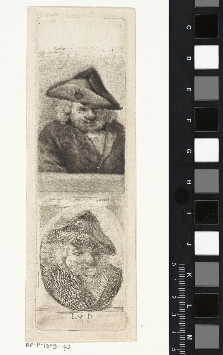 Dubbelportret van een man met een steek, mogelijk Joannes van Dreght by Aert Schouman, print, 1781-1784