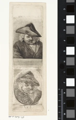 Dubbelportret van een man met een steek, mogelijk Joannes van Dreght by Aert Schouman, print, 1781-1784