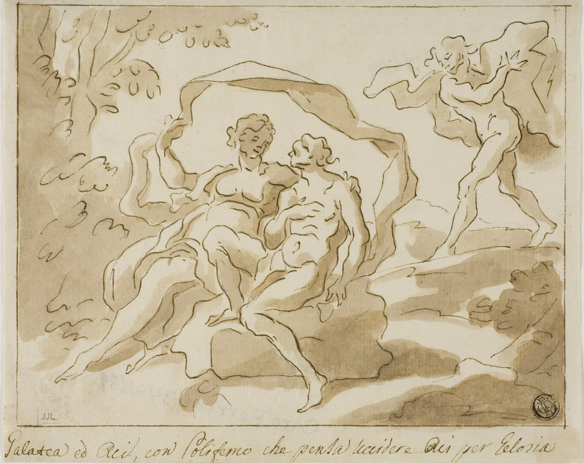 Galatea and Acis with Polyphemus who is about to kill Acis out of Jealousy by Giovanni Antonio Pellegrini, drawing, 1695-1741
