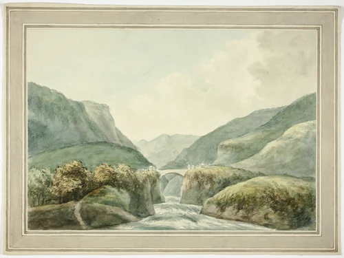 Mountain Town by Bridge Spanning Rapids by John Smith, painting, 1769-1831