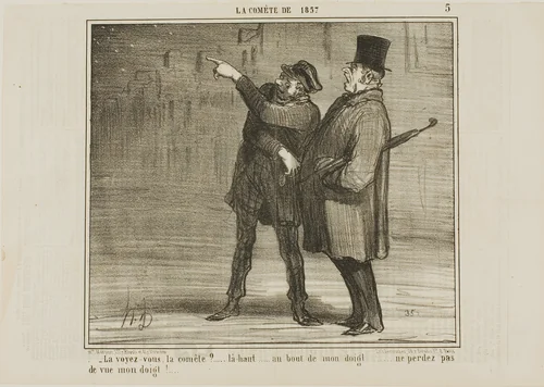 "- Can you see the comet?... just there, at the tip of my finger ... don't lose sight of my finger tip!," plate 5 from La Comète De 1857 by Honoré-Victorin Daumier, print, 1857