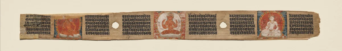 Prajnaparamita flanked by two bodhisattvas, folio 187 (recto), from a Manuscript of the Perfection of Wisdom in Eight Thousand Lines (Ashtasahasrika Prajnaparamita-sutra) by Unknown, painting, 1119