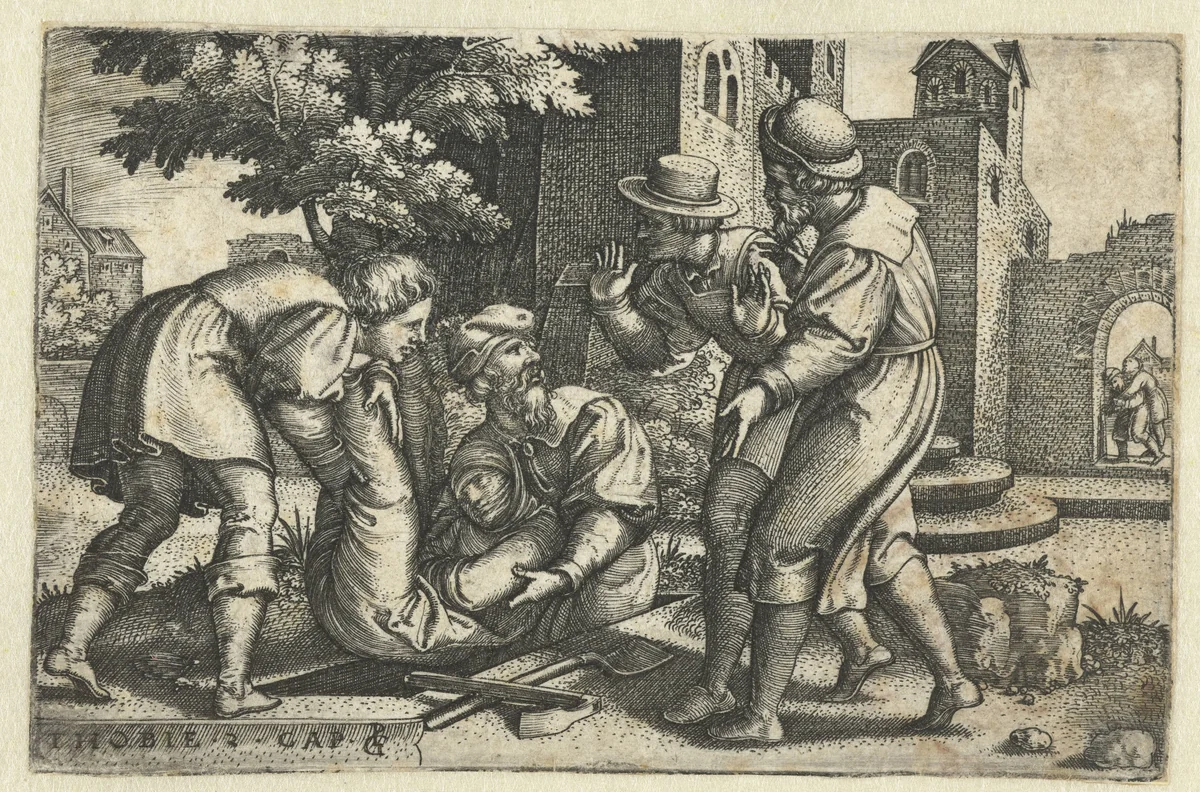 Tobit en Tobias begraven een lichaam by Unknown, print, 1543