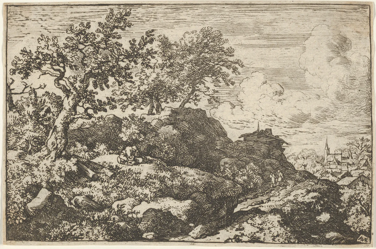 The Two Peasants Seated on the Hill by Allart van Everdingen, print, 1621-1675