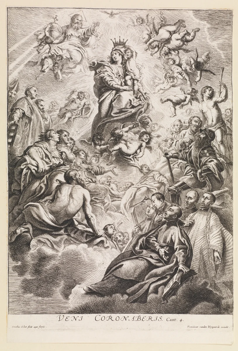 Coronation of the Virgin by the Child Adored by Saints by Cornelis Schut, print, 1610-1655