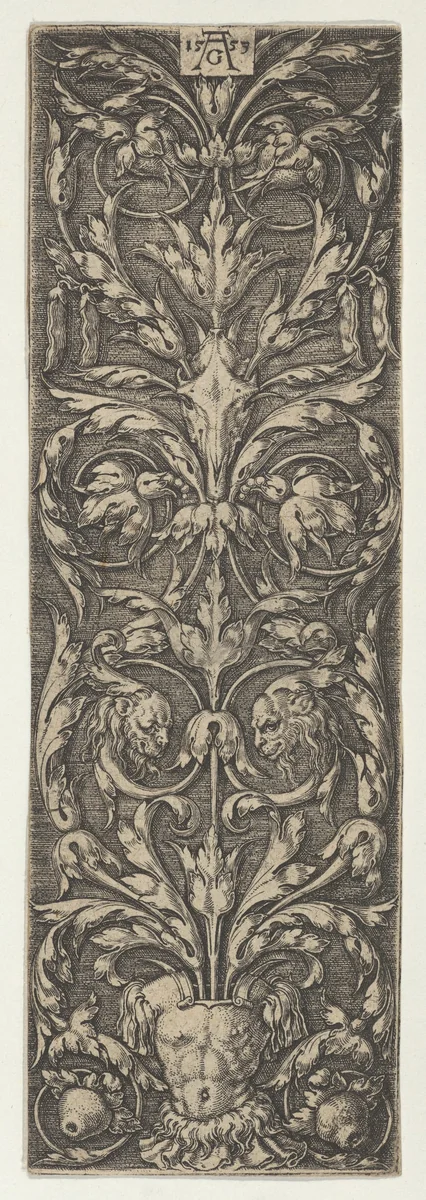 Vertical Panel with Inhabited Candelabrum Rising from a Cuirass by Heinrich Aldegrever, print, 1553