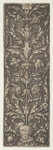 Vertical Panel with Inhabited Candelabrum Rising from a Cuirass by Heinrich Aldegrever, print, 1553