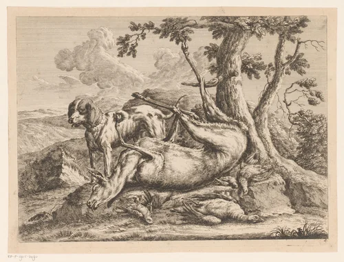 Staande jachthond en jachtbuit met hert en vogels by Johann Georg Wachsschlunger, print, 1725-1790