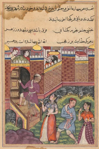 The two couples reach a foreign city where they make their home, from a Tuti-nama (Tales of a Parrot): Thirty-third Night by Unknown, painting, 1555-1565