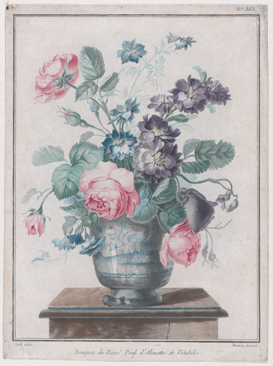 Bouquet of Roses, Larkspur and Convolvulus by Louis Marin Bonnet, print, 1750-1793