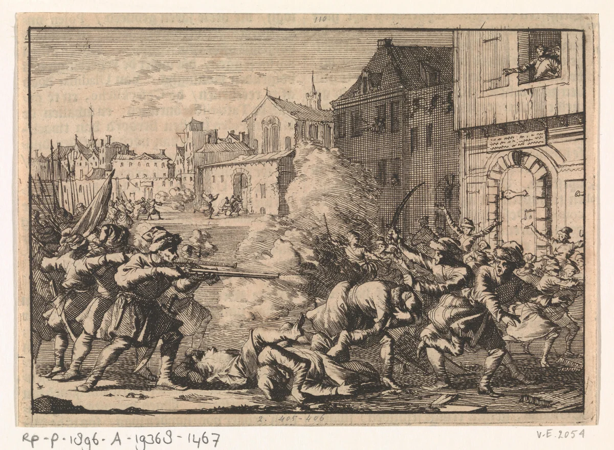 Soldaten strijden tegen katholieke studenten tijdens een oproer te Krakau, 1647 by Caspar Luyken, print, 1698