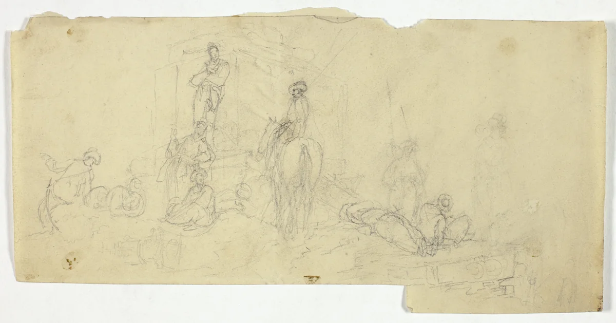 Group of Peasants with Man on Horse by William Henry Pyne, drawing, 1789-1843